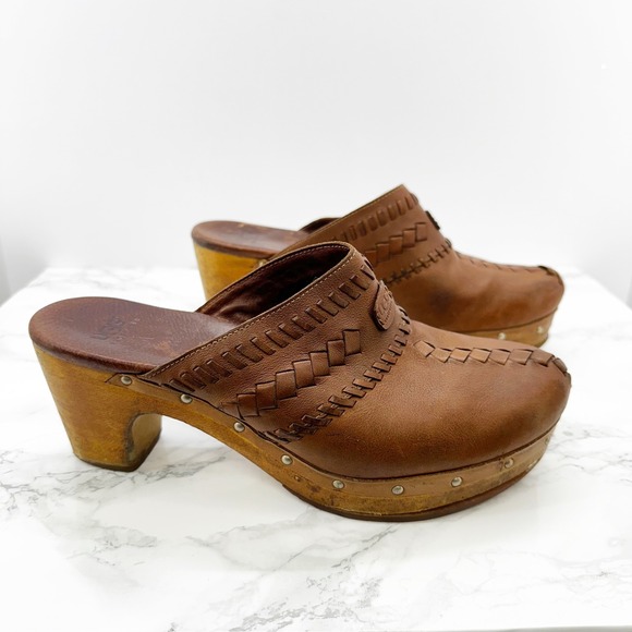 UGG Vivica Women's Brown Leather Woven Platform Clog Heel Shoes‎ Size 8 - Picture 5 of 8